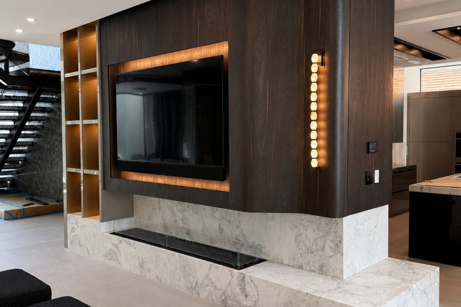 LR-009 Dark Wood Fireplace Media Wall