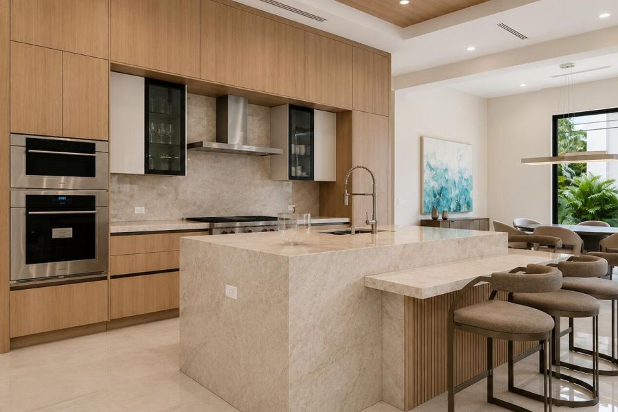 Light Oak Kitchen Marble Waterfall Island – Sunshine Alliance