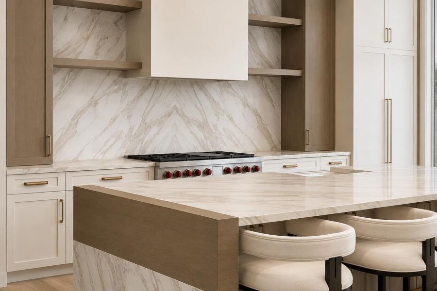 Light Wood Kitchen Marble Island Open Shelves – Sunshine Alliance