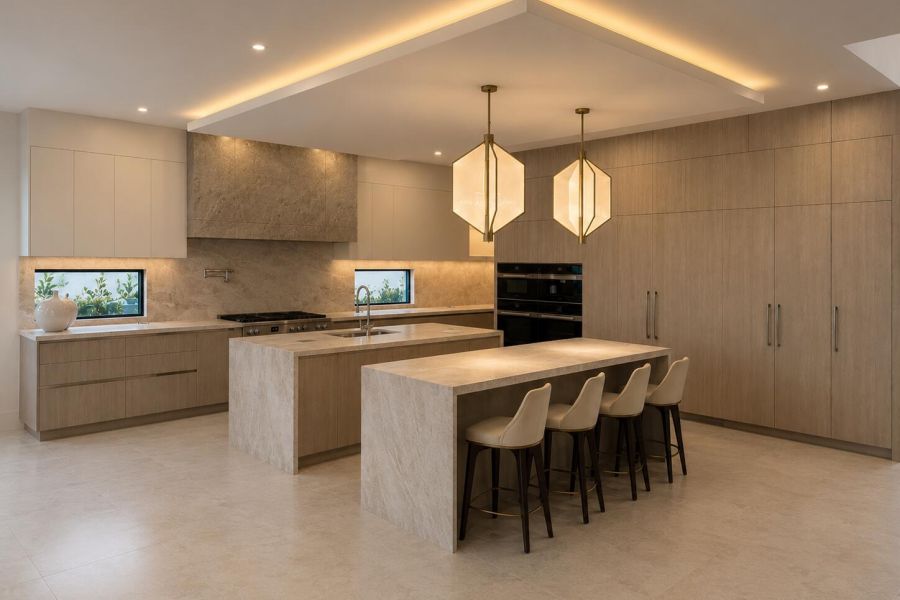 Modern Light Wood Kitchen Waterfall Island – Sunshine Alliance