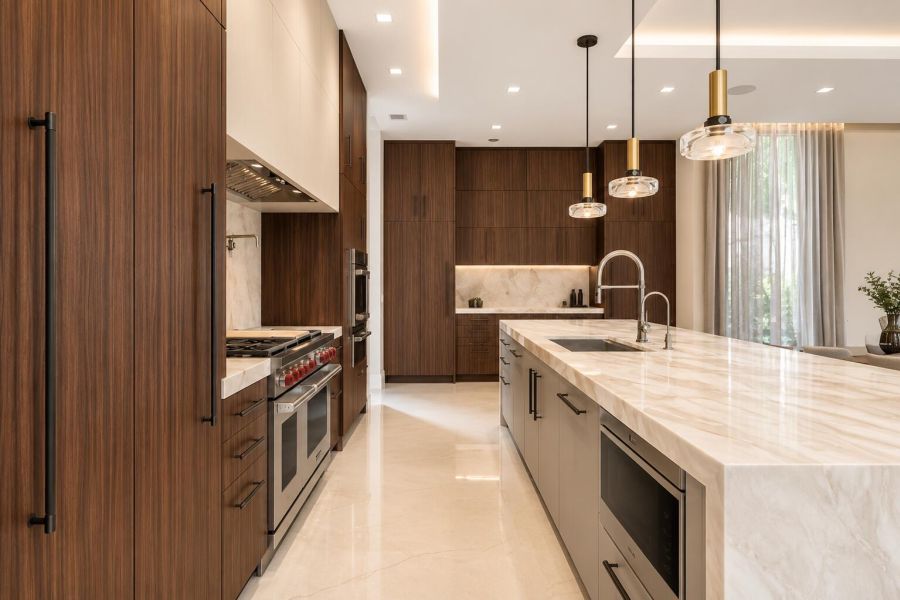 Modern Walnut Kitchen Waterfall Island – Sunshine Alliance