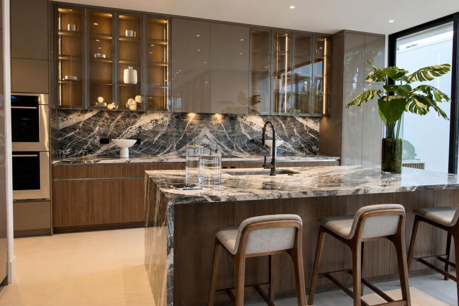 Quartzite Waterfall Island Kitchen – Sunshine Alliance