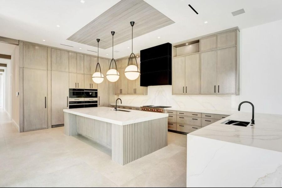 White Modern Kitchen Waterfall Island – Sunshine Alliance