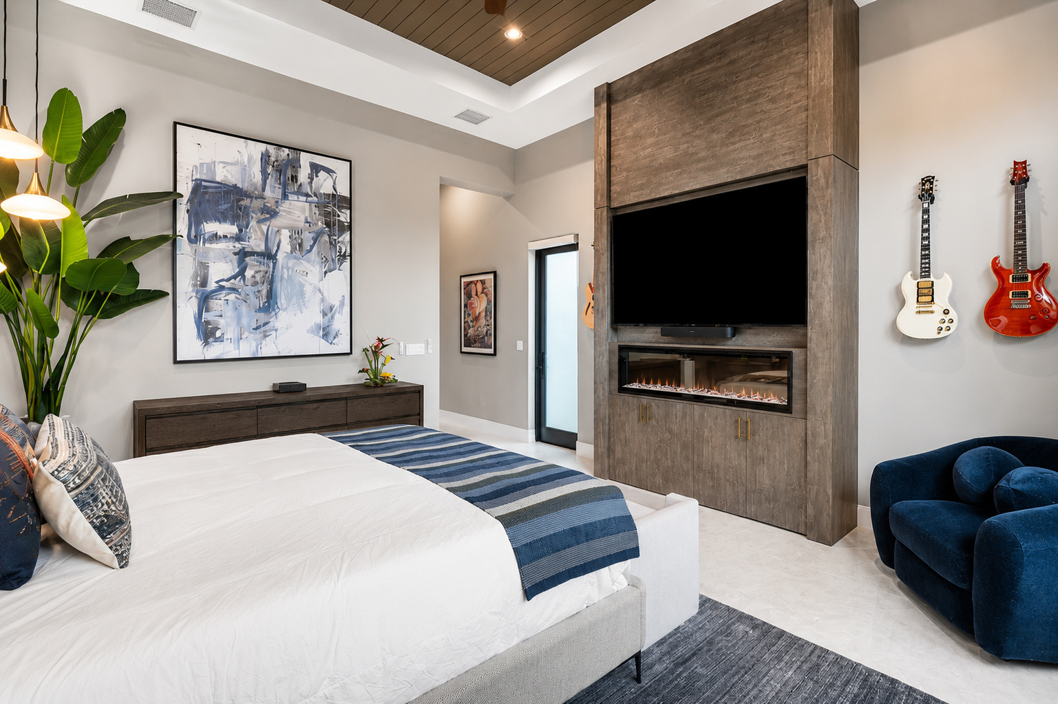 BR-003 Bedroom Fireplace Feature Wall Modern bedroom with cozy accents