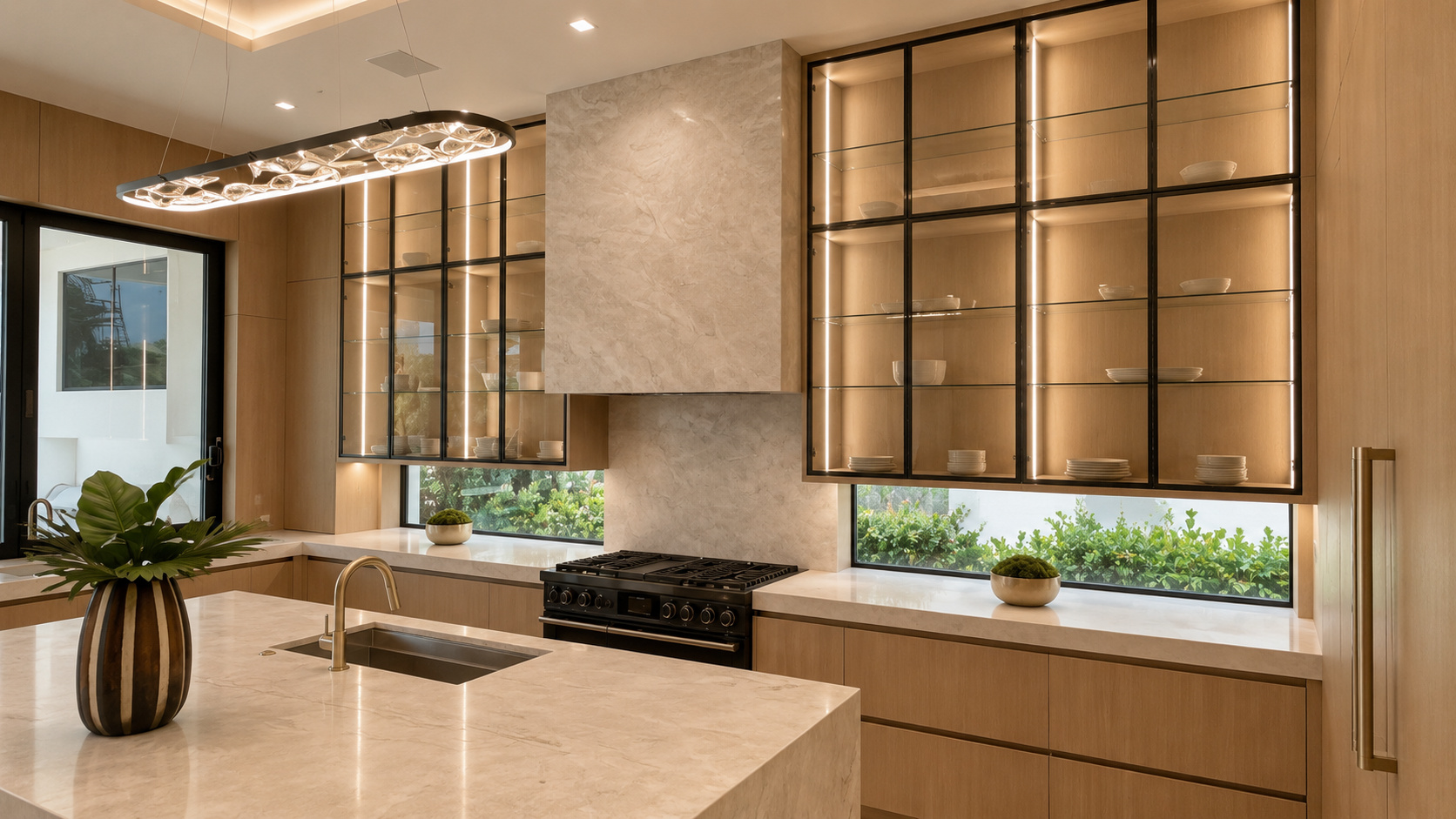 Modern luxury kitchen with stone waterfall island | Sunshine Alliance Cabinets & Millwork