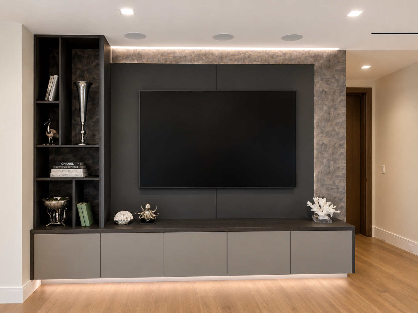 Gray media wall shelving | Sunshine Alliance, West Palm Beach