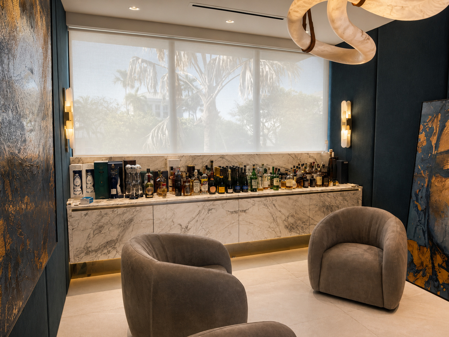 Lounge with marble console and wood feature wall | Sunshine Alliance