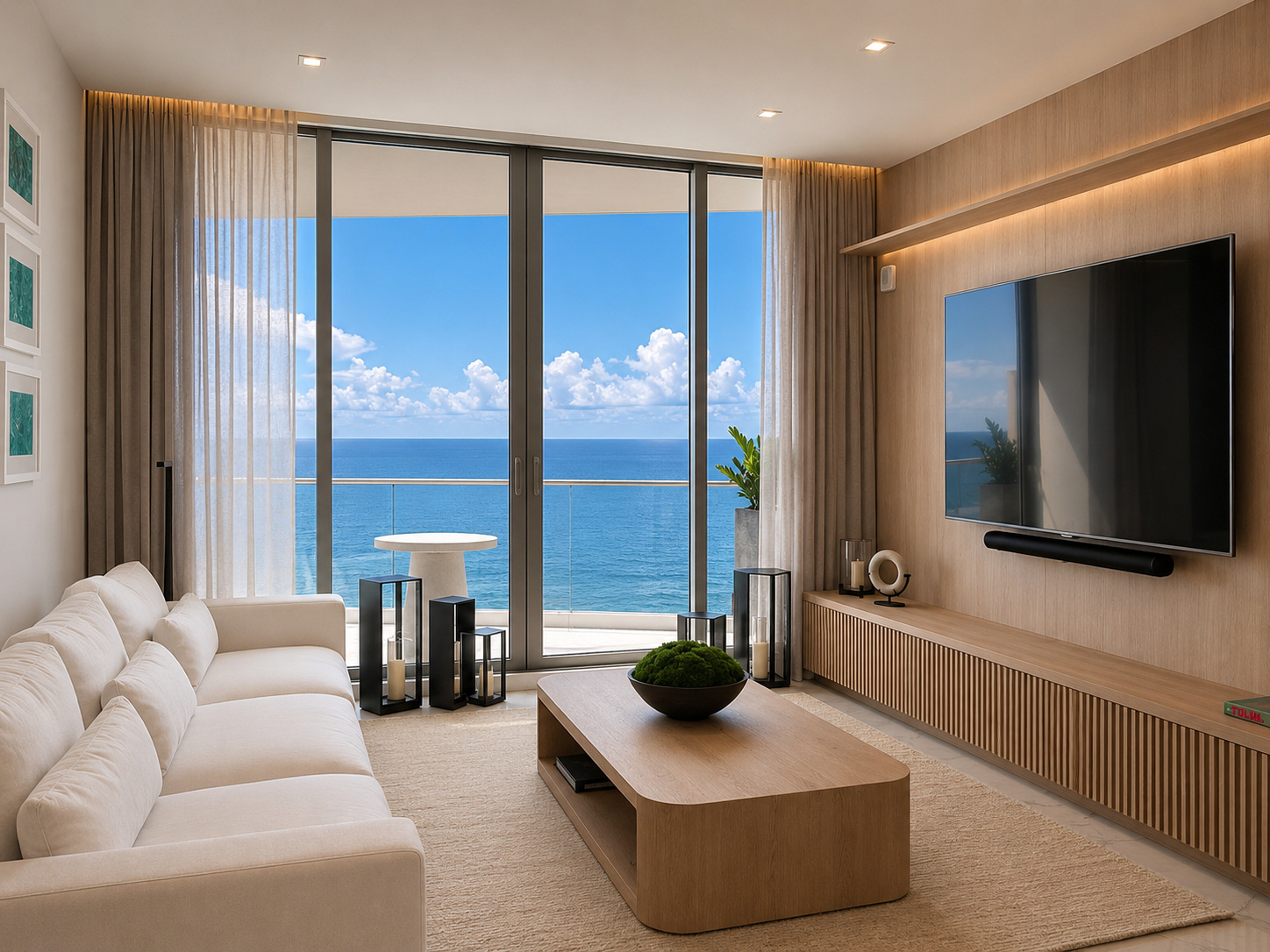 Oceanfront wood-slat media wall | Custom millwork by Sunshine Alliance