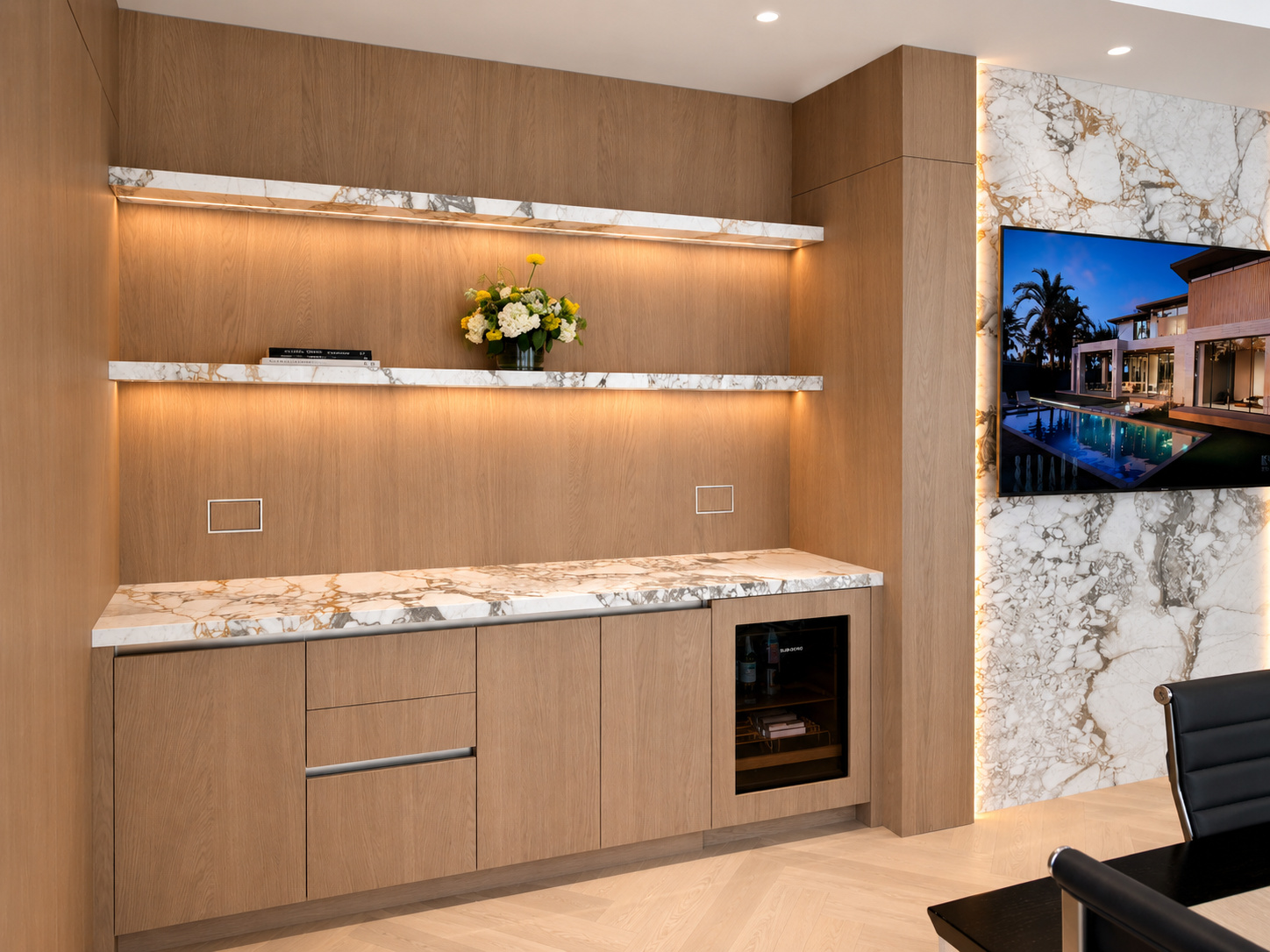 Sleek modern home bar with marble accents | Sunshine Alliance, Fort Lauderdale