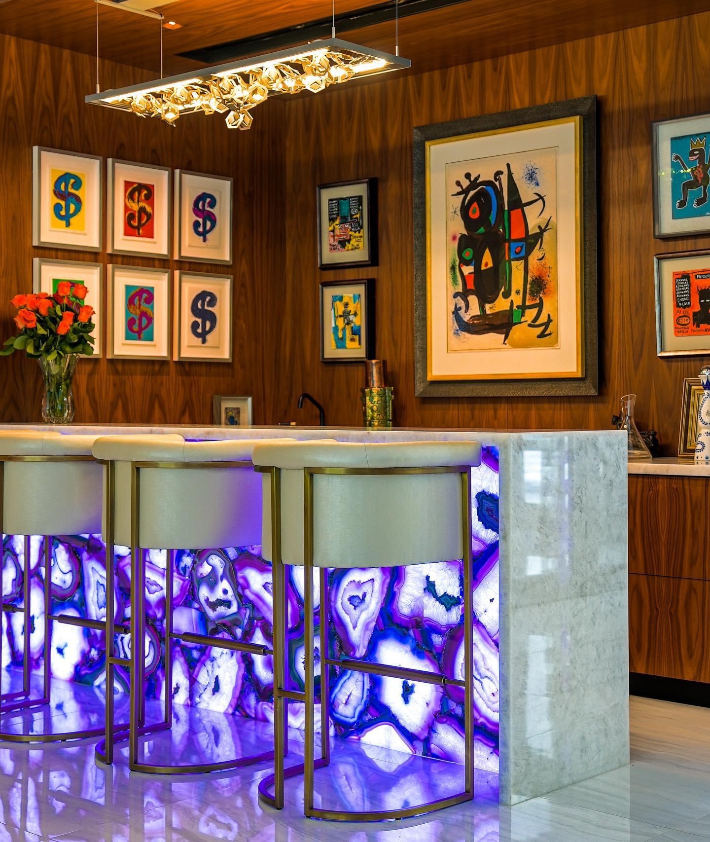 Backlit blue onyx custom bar by Sunshine Alliance millwork, Boca Raton FL