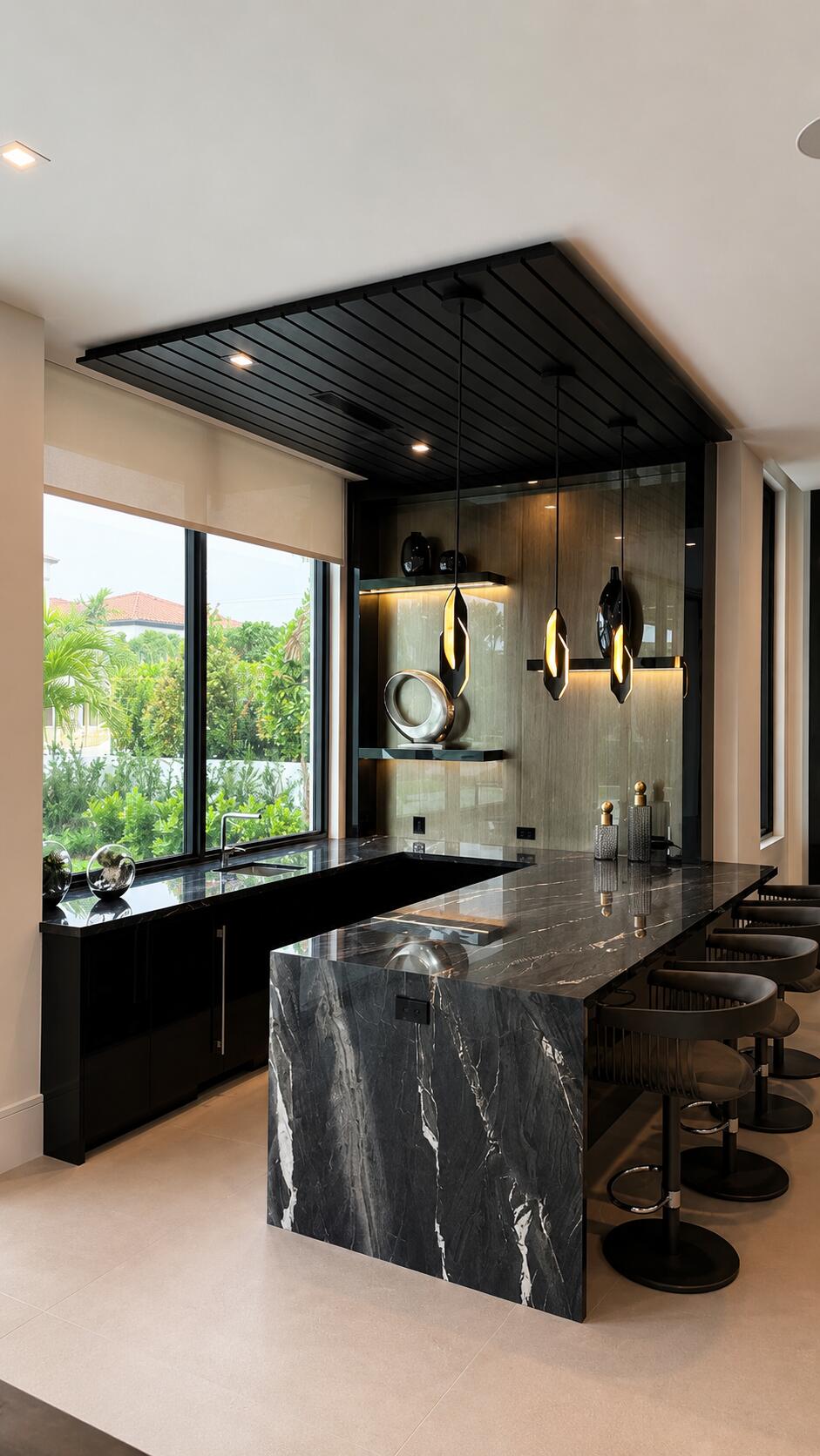 Custom black marble waterfall bar by Sunshine Alliance, Boca Raton South Florida