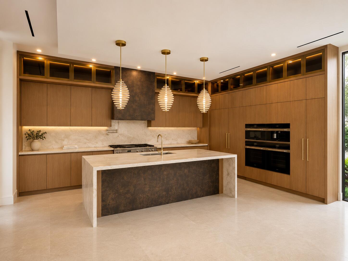 Custom Kitchen with Glass Display Cabinets and Marble Island | Custom Millwork by Sunshine Alliance, Boca Raton FL
