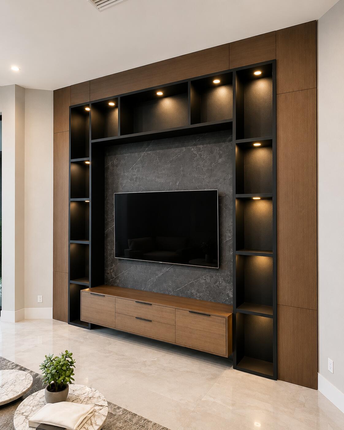 Dark Stone Media Wall with Lit Niches | Custom Millwork by Sunshine Alliance, Boca Raton FL