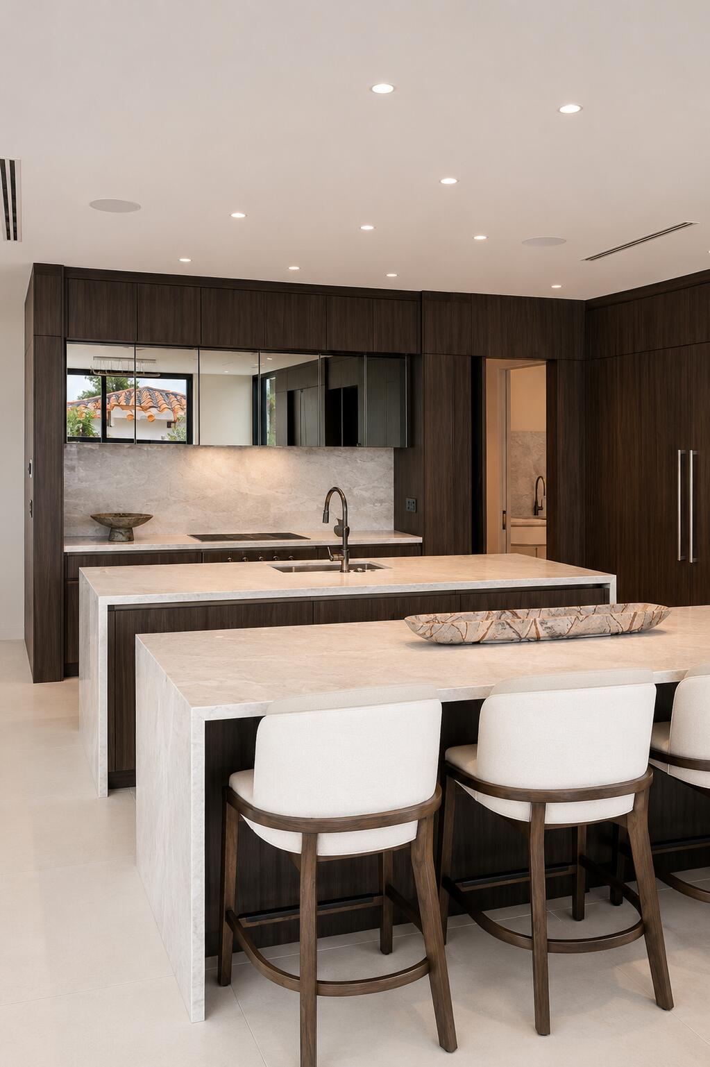 Dark wood kitchen with white island | Sunshine Alliance, Boca Raton FL