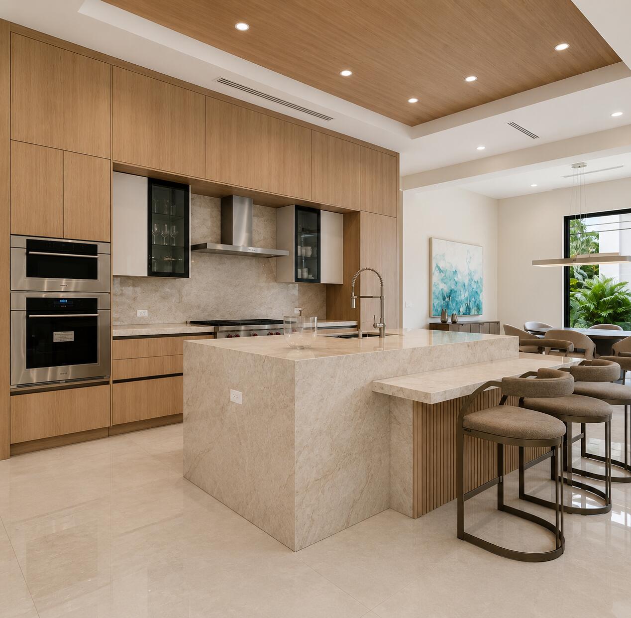 Light Oak Kitchen with Marble Waterfall Island | Custom Millwork by Sunshine Alliance, Boca Raton FL