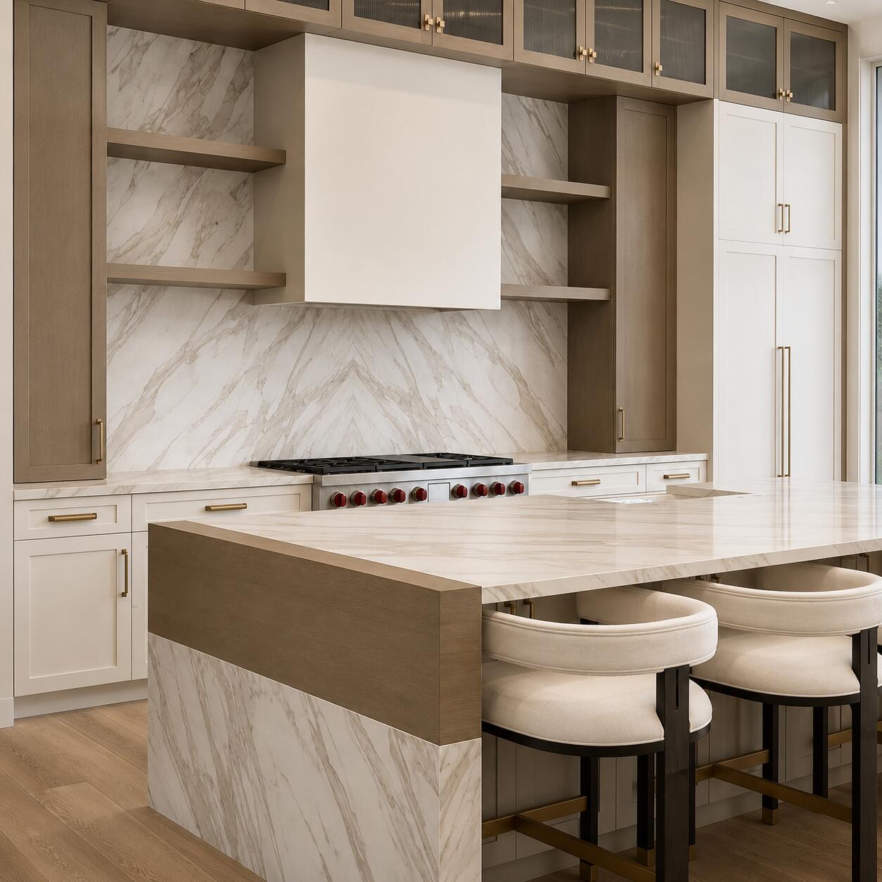 Light wood kitchen with marble island and open shelves | Sunshine Alliance, Boca Raton FL