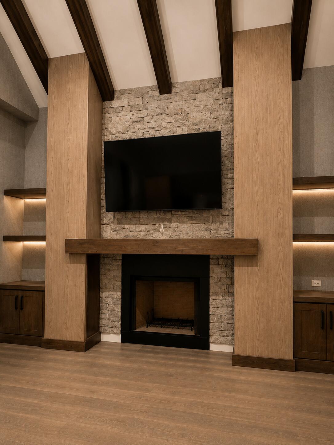 Custom wood beam living room with stone fireplace architectural millwork by Sunshine Alliance, Boca Raton