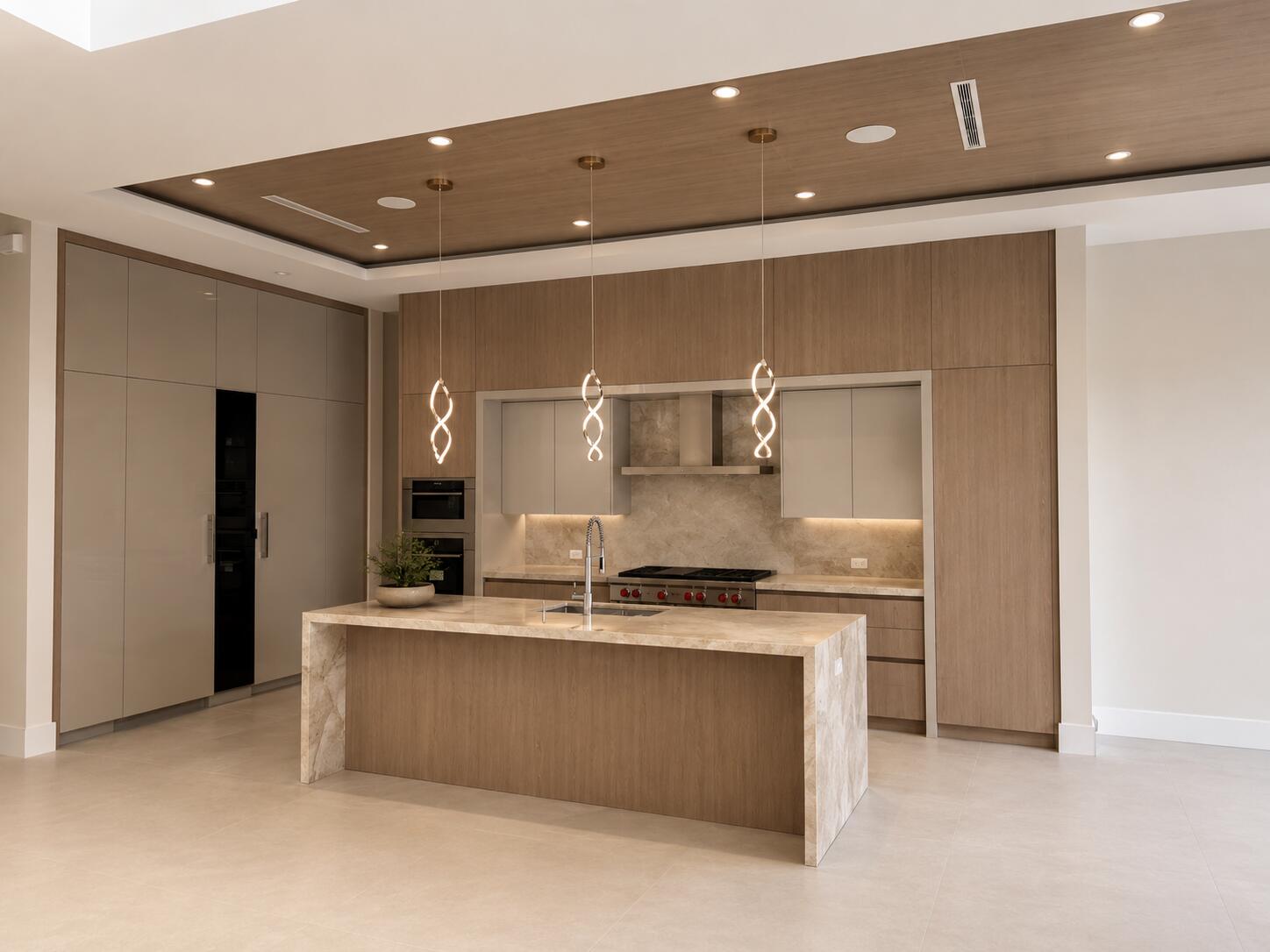 Custom kitchen with marble waterfall island | Sunshine Alliance, Boca Raton FL