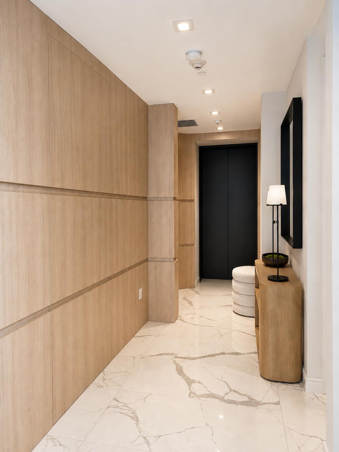 Custom wood panel hallway architectural millwork by Sunshine Alliance, South Florida