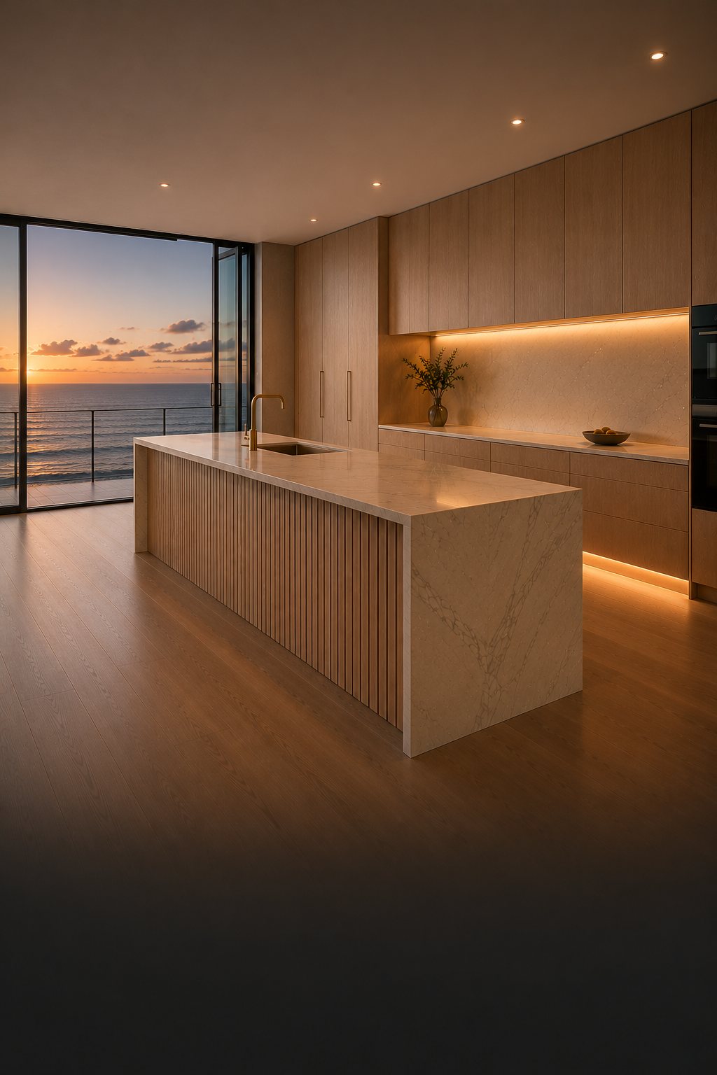 Design rendering of a custom oak kitchen with a fluted island before manufacturing | Sunshine Alliance, South Florida
