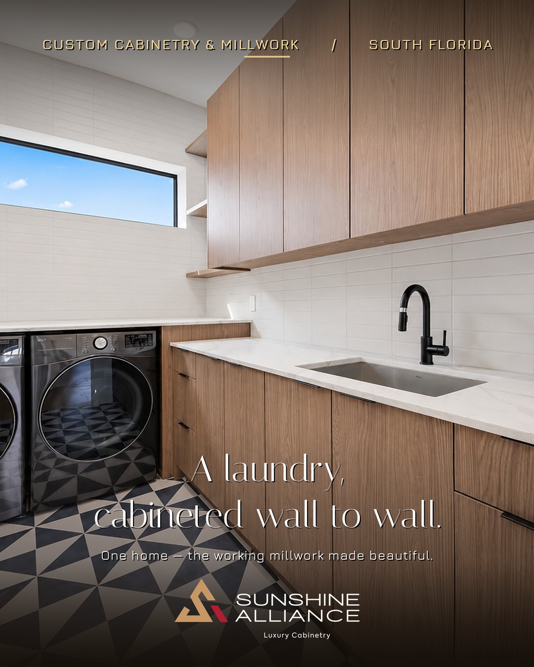 Custom laundry room cabinetry by Sunshine Alliance, designed and built in Deerfield Beach, South Florida