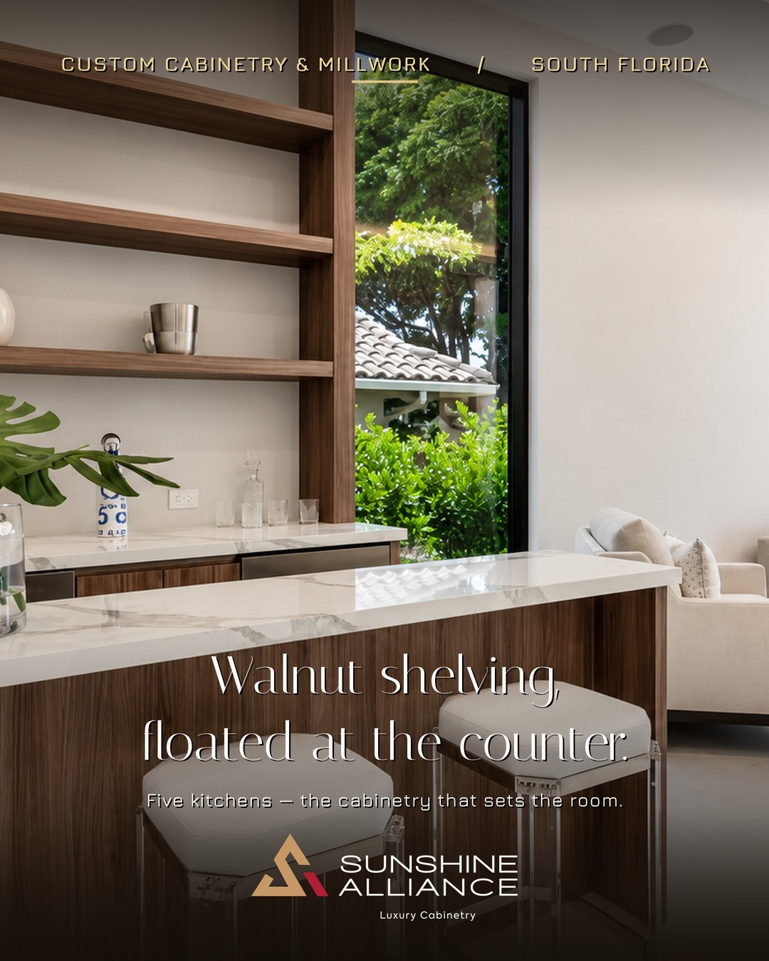 Custom walnut floating kitchen shelving by Sunshine Alliance, designed and built in Deerfield Beach, South Florida