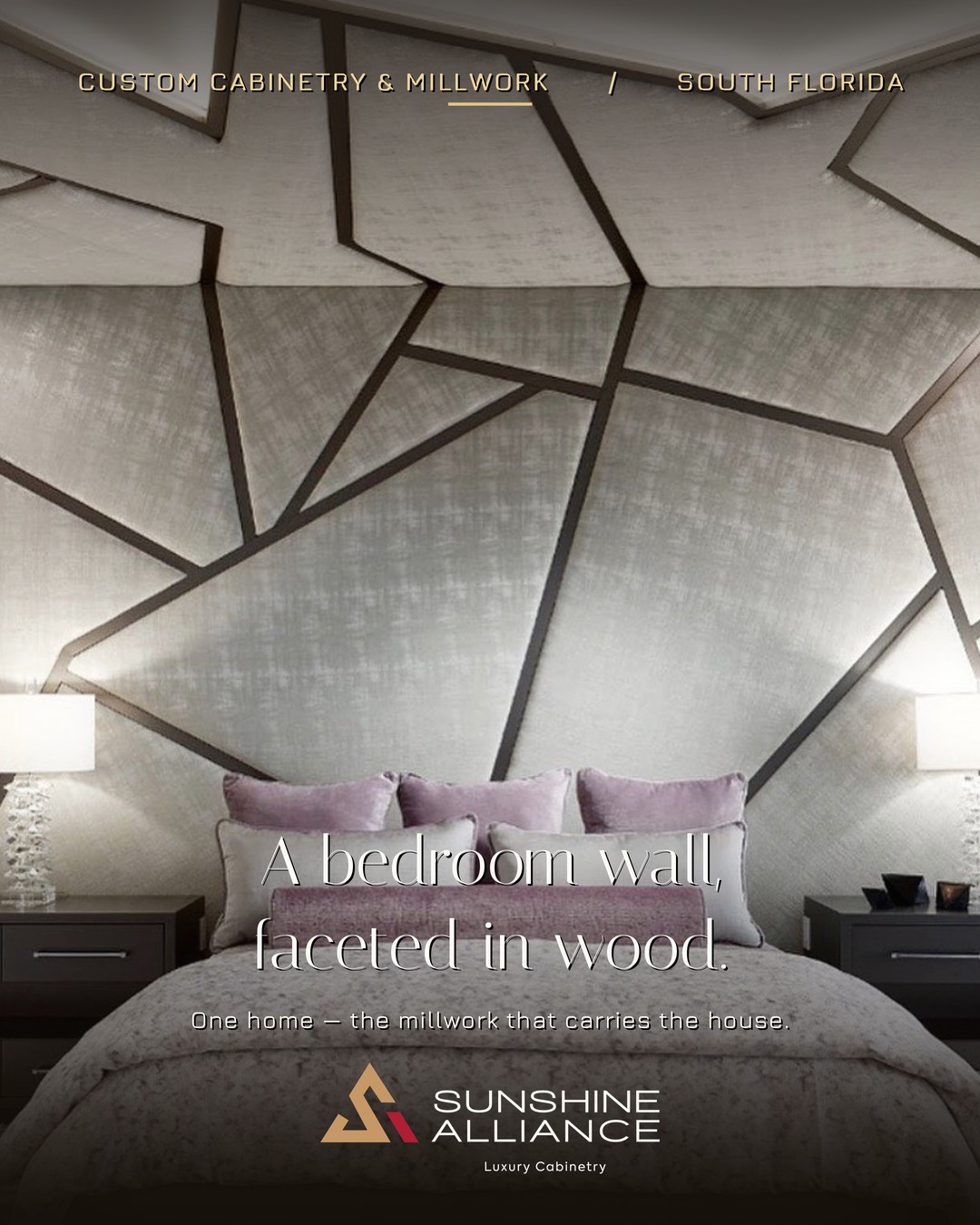 Custom faceted wood bedroom feature wall by Sunshine Alliance, designed and built in Deerfield Beach, South Florida