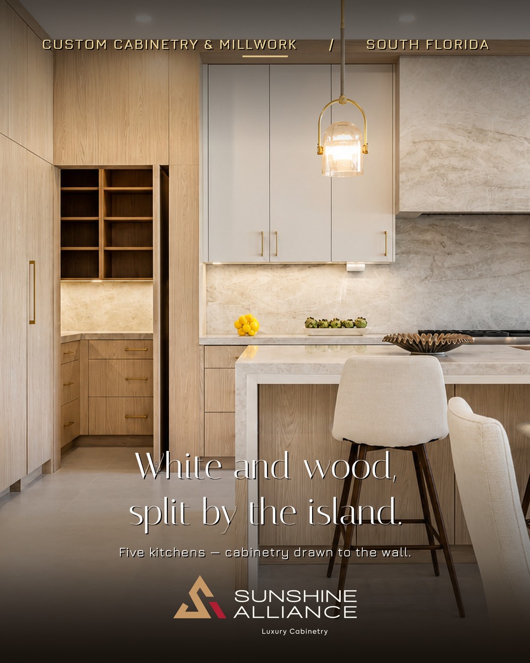 Custom white and wood kitchen island cabinetry by Sunshine Alliance, designed and built in Deerfield Beach, South Florida