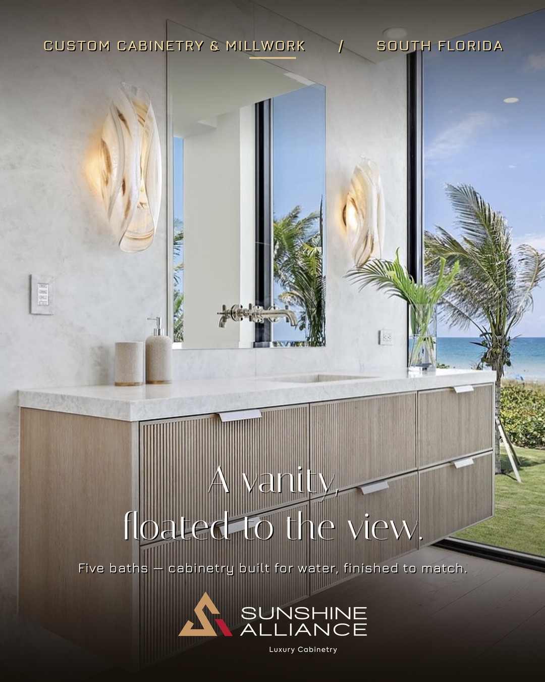Custom floating bathroom vanity by Sunshine Alliance, designed and built in Deerfield Beach, South Florida