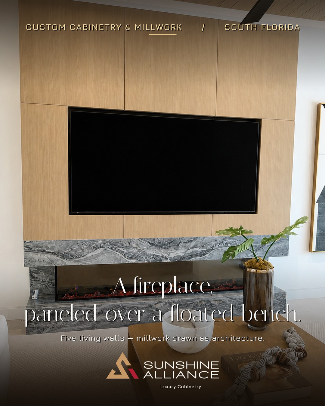 Custom paneled fireplace wall with floating bench by Sunshine Alliance, designed and built in Deerfield Beach, South Florida