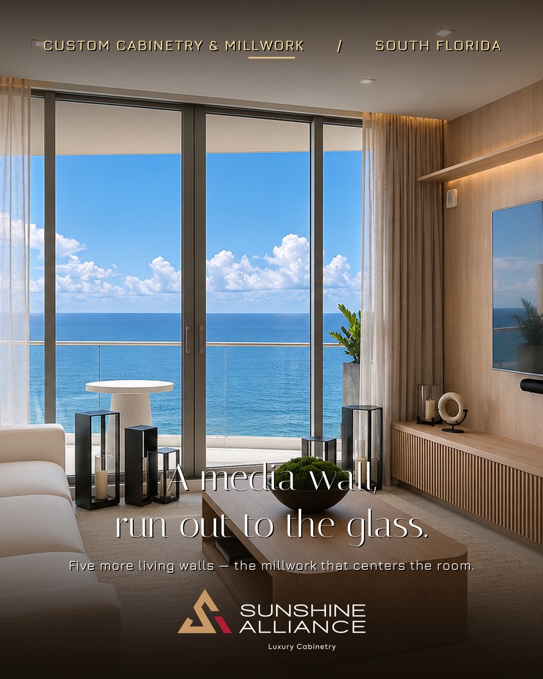 Custom built-in media wall cabinetry by Sunshine Alliance, designed and built in Deerfield Beach, South Florida