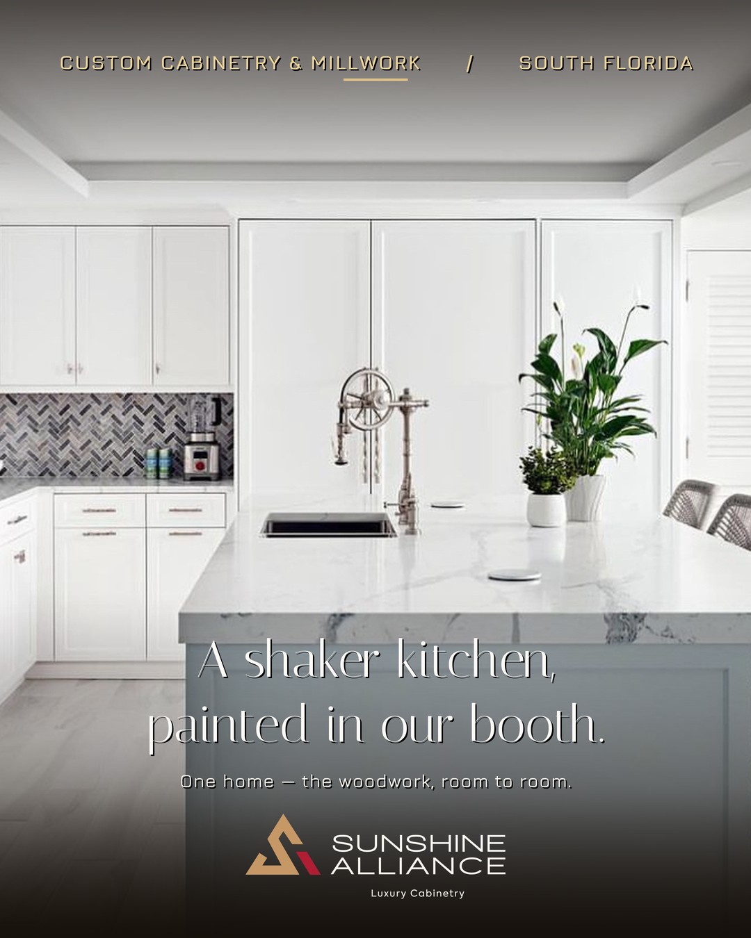 Custom painted shaker kitchen cabinetry by Sunshine Alliance, designed and built in Deerfield Beach, South Florida