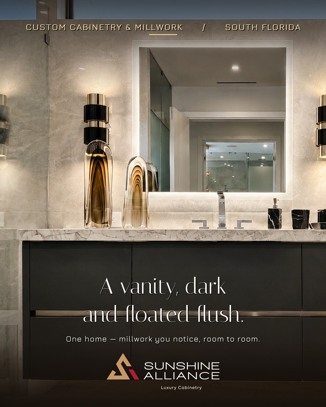 Custom dark floating bathroom vanity by Sunshine Alliance, designed and built in Deerfield Beach, South Florida