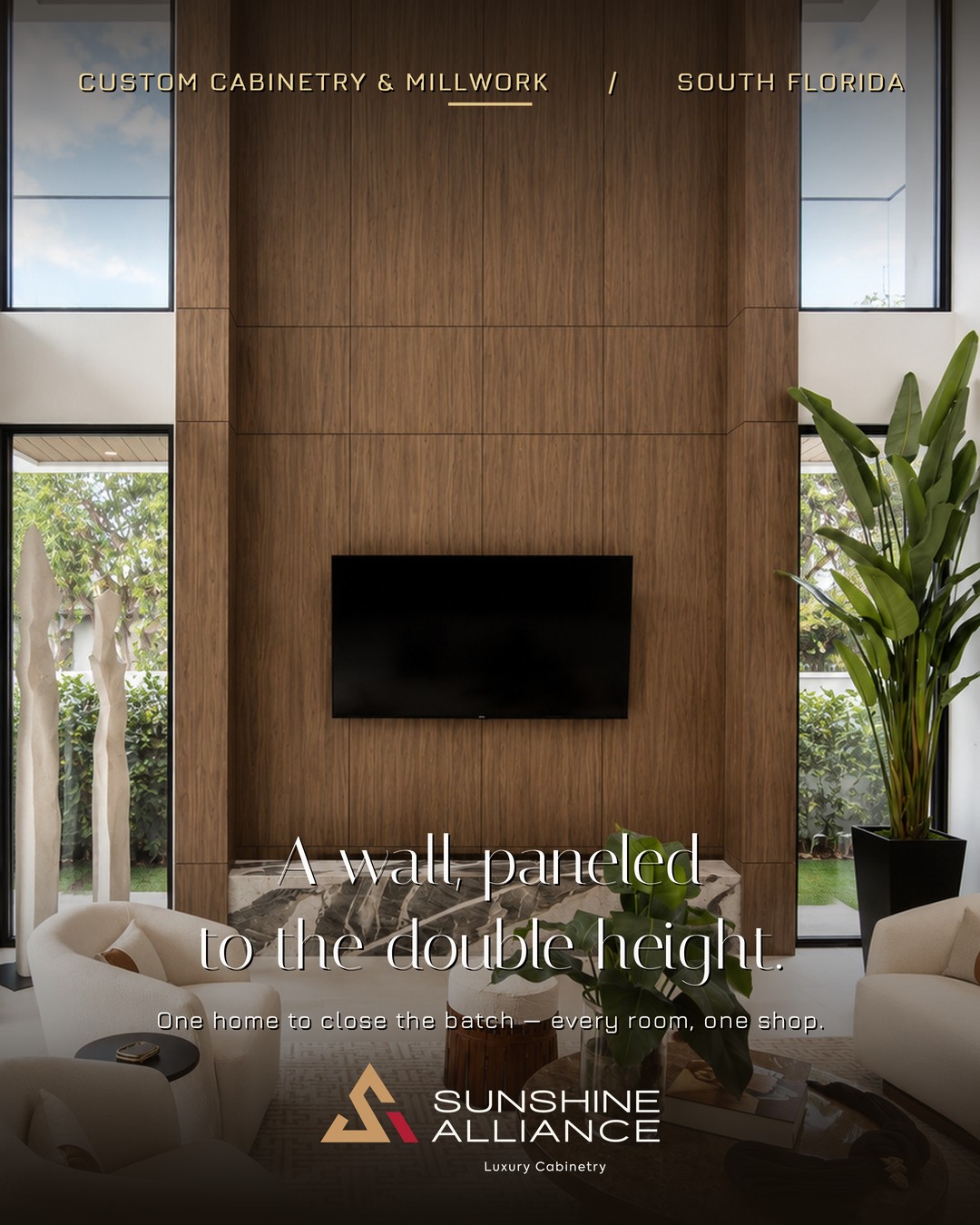Custom double-height wood wall paneling by Sunshine Alliance, designed and built in Deerfield Beach, South Florida